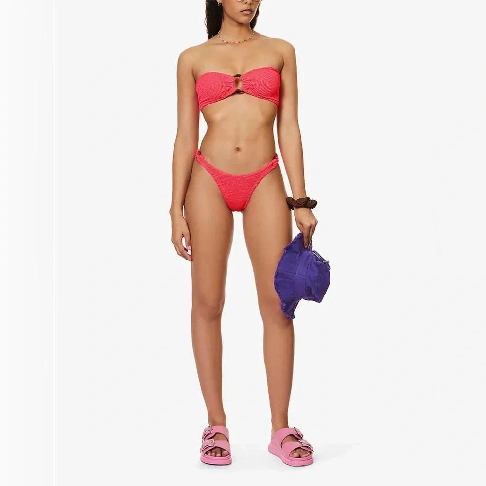 Hunza G Gloria Bandeau Crinkle Bikini Set Pink Fuschia Strapless Tortoise